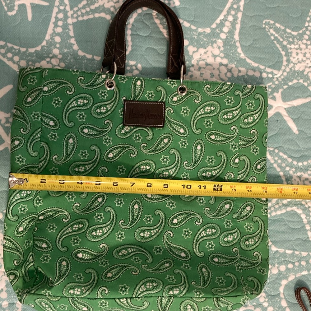 Neiman Marcus Large Green Paisley Tote. EUC. Clean. Measurements in pictures.